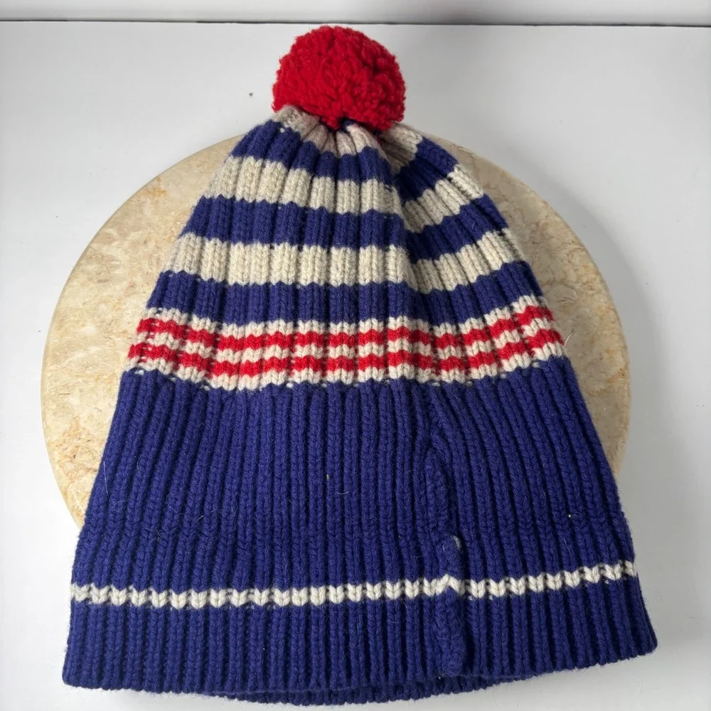Vintage L.L. Bean Beanie OSFA Blue Striped 100% Lambswool‎ Pom Pom Winter Hat